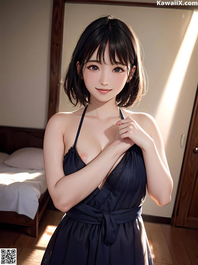 A woman in a black dress standing in a bedroom.