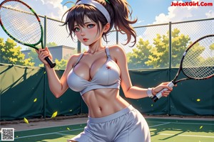 A woman in a bikini holding a tennis racket on a tennis court.