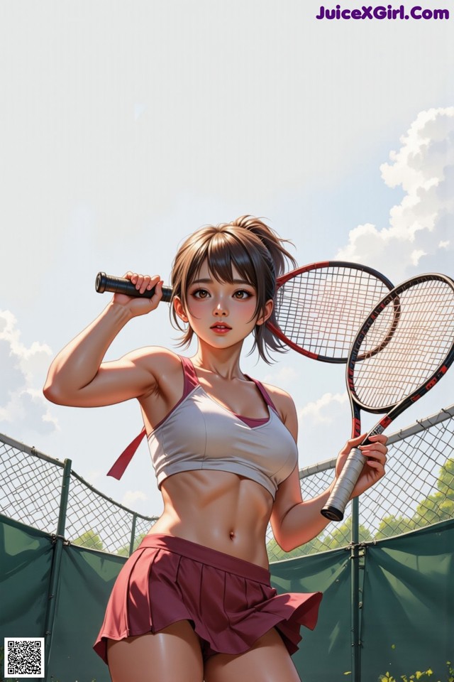 A woman holding two tennis rackets on a tennis court.