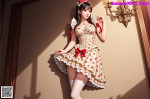 a woman in a pink and white dress with a red bow