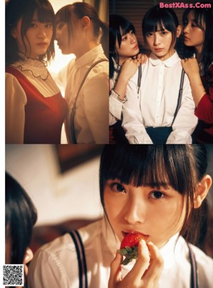 A collage of photos of a girl in a school uniform eating a strawberry.