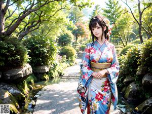 A woman in a blue kimono standing in a room.