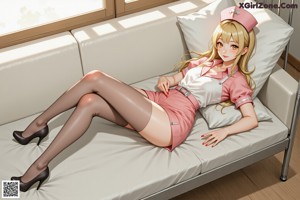 A woman in a pink shirt is sitting on a bed.