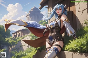 A woman with long blue hair standing on a rock.