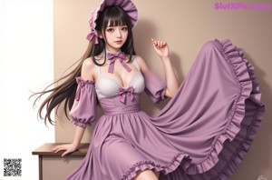 A woman in a pink dress and hat standing in a hallway.