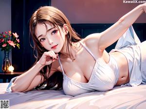 A woman in a white lingerie sitting on a bed.