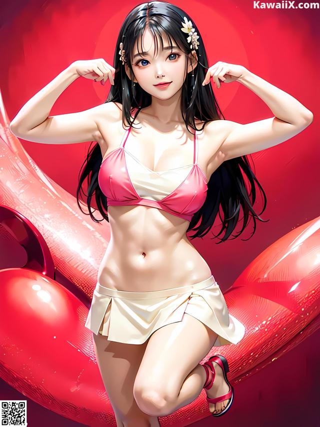 A woman in a pink bikini posing in front of a red background.