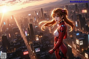 A woman in a red bodysuit posing in the middle of a city.