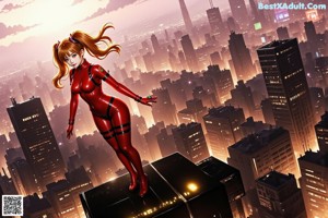 A woman in a red latex outfit is dancing in the air.