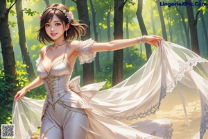 A woman in a wedding dress standing in the woods.