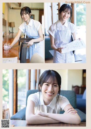 A woman in a white shirt is sitting on a bed.