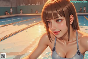 A woman in a bikini leaning against a wall next to a pool.