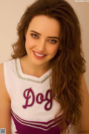 A young woman in a cheerleading uniform sitting on a bed.
