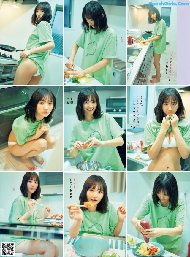 A woman in a green shirt is preparing food in a kitchen.