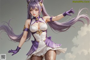 A woman in a purple outfit is sitting on a ledge.