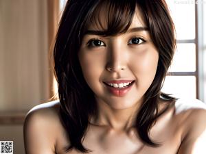 A naked asian woman standing in front of a window.