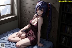 A woman in a purple bikini sitting on a bed.