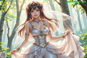 A woman in a wedding dress standing next to a tree.