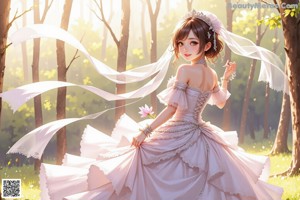 A woman in a wedding dress standing in a forest.