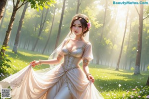 A woman in a wedding dress standing in the woods.