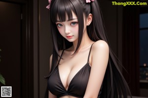 A woman in a black lingerie with a red rose in her hair.