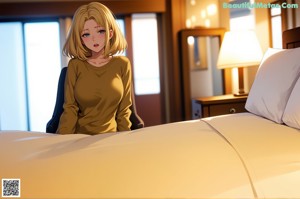 A woman in a white shirt and black bikini standing in front of a bookshelf.