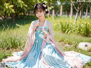 A woman in a pink and blue dress posing for a picture.
