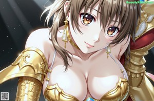 a nude anime girl with big tits posing in a gold outfit