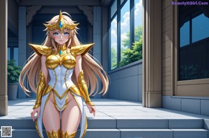 a nude anime girl with big tits posing in a gold outfit