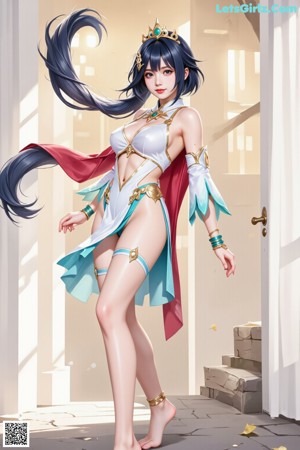 A woman in a white and blue dress with a red cape.