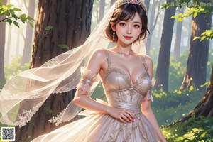 A woman in a wedding dress walking through a forest.