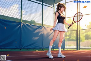 A woman in a green bikini holding a tennis racket.