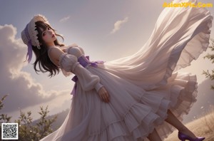A girl in a dress and hat standing in front of a cloudy sky.