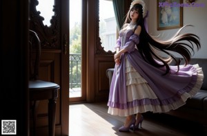 A woman in a white dress and purple shoes posing for a picture.