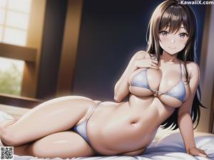 Anime girl with big tits sitting on a table.