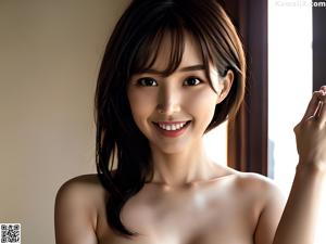 A naked asian woman sitting on a bed with a blue towel.