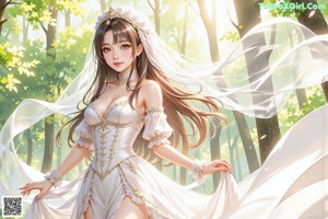 a woman in a white dress standing in the woods